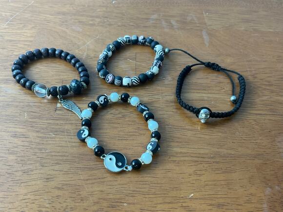 Whimsygoth Jewelry - Whimsygoth Bracelet Lot of 4 Black Beaded Skull Yin Yang Boho Goth Festival